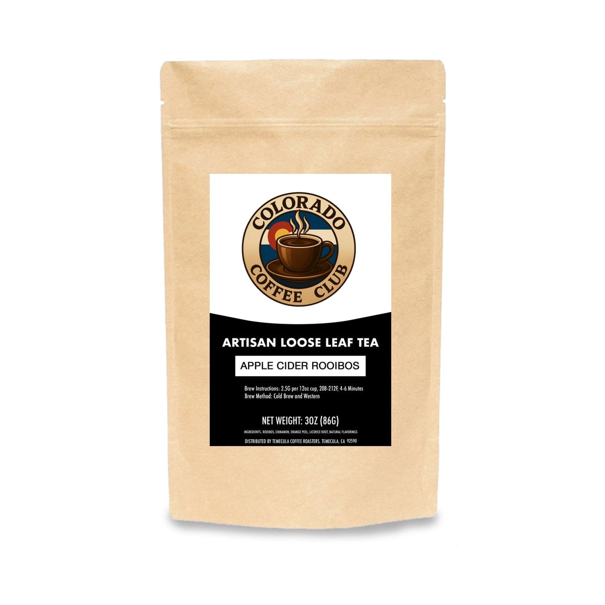 Cup of Apple Cider Rooibos tea with cinnamon and orange peel highlights, warm and spicy blend