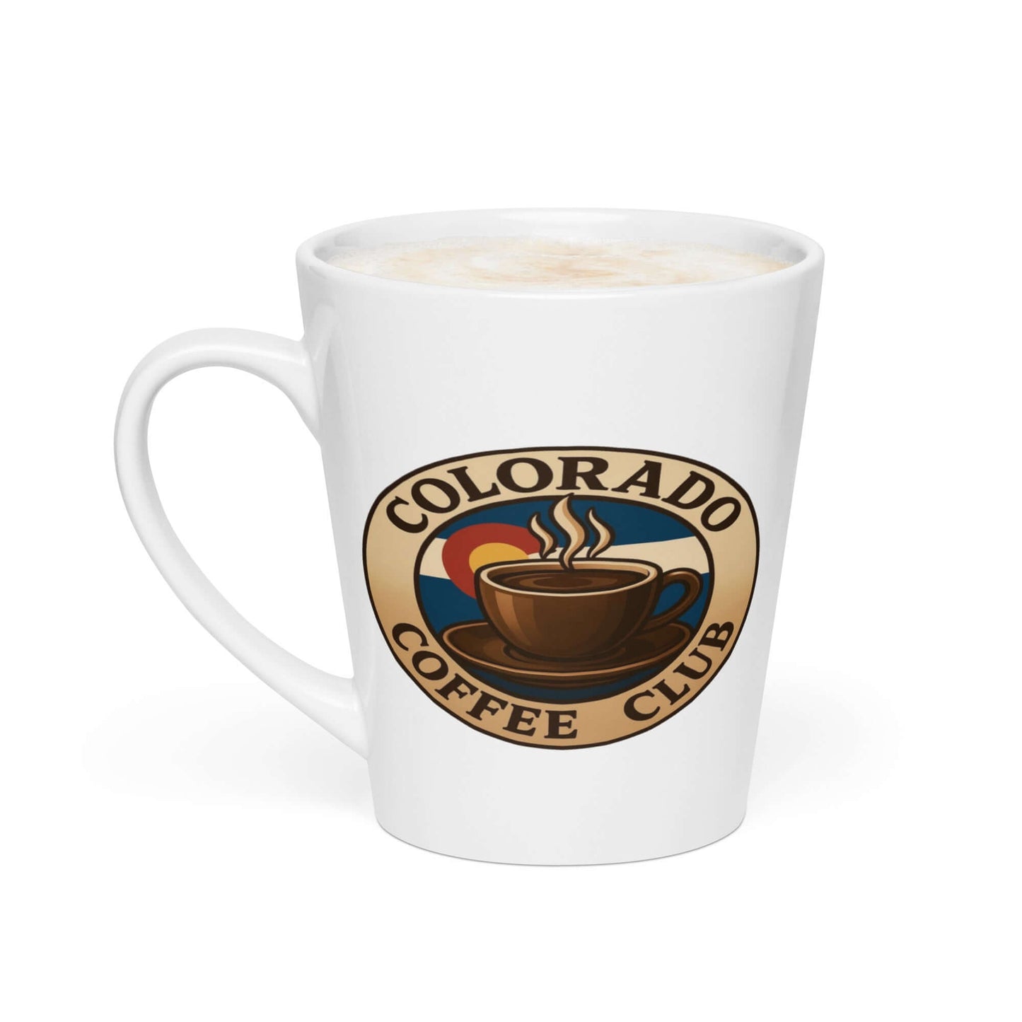 White ceramic latte mug with Colorado Coffee Club logo.