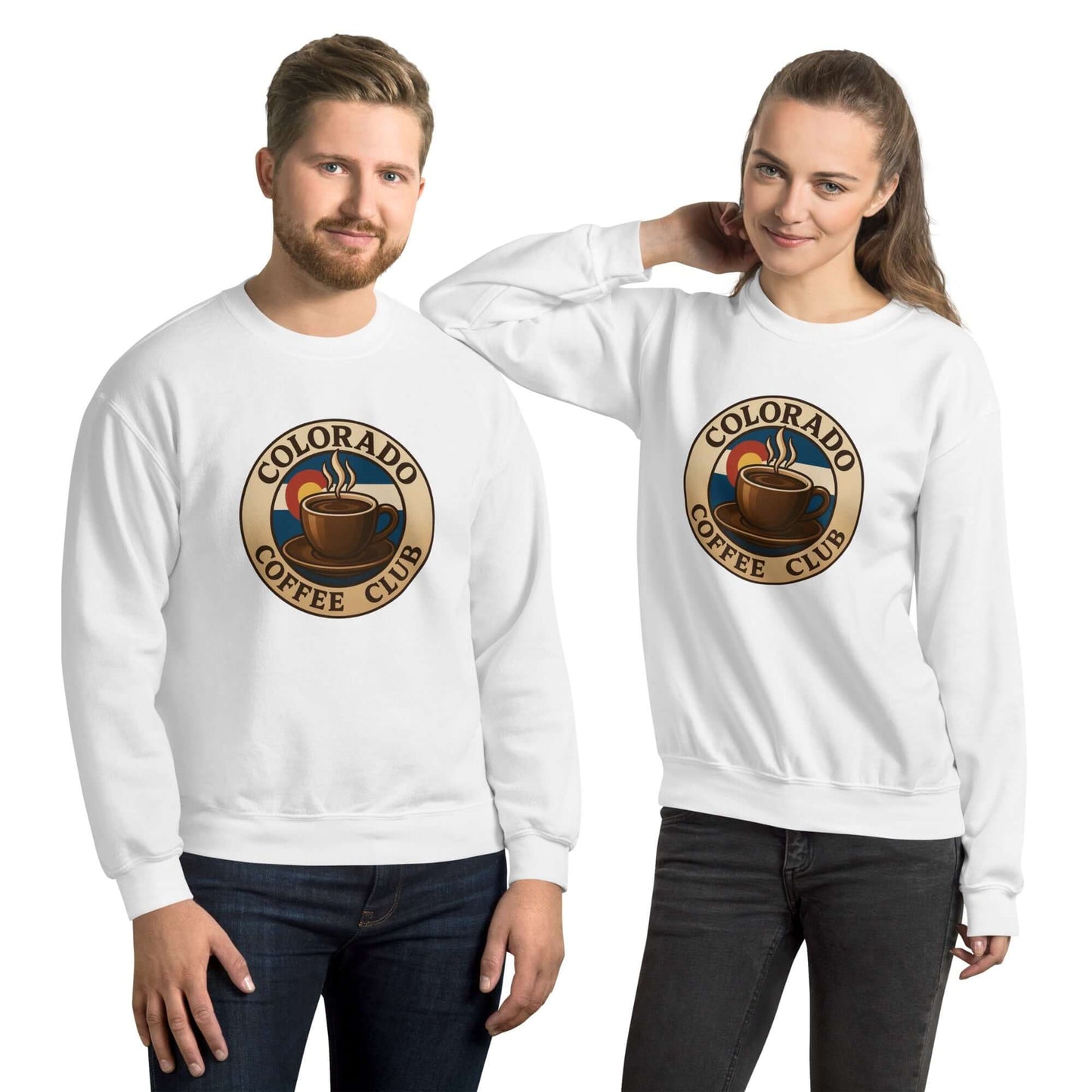 Two smiling people in a colorful Colorado Coffee Club Branded Unisex Sweatshirt.