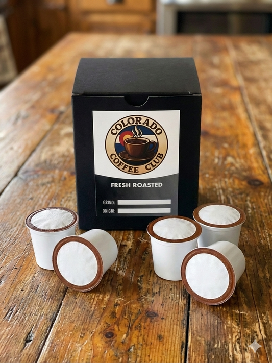 Black shipping box of Colorado Coffee Club coffee pods.